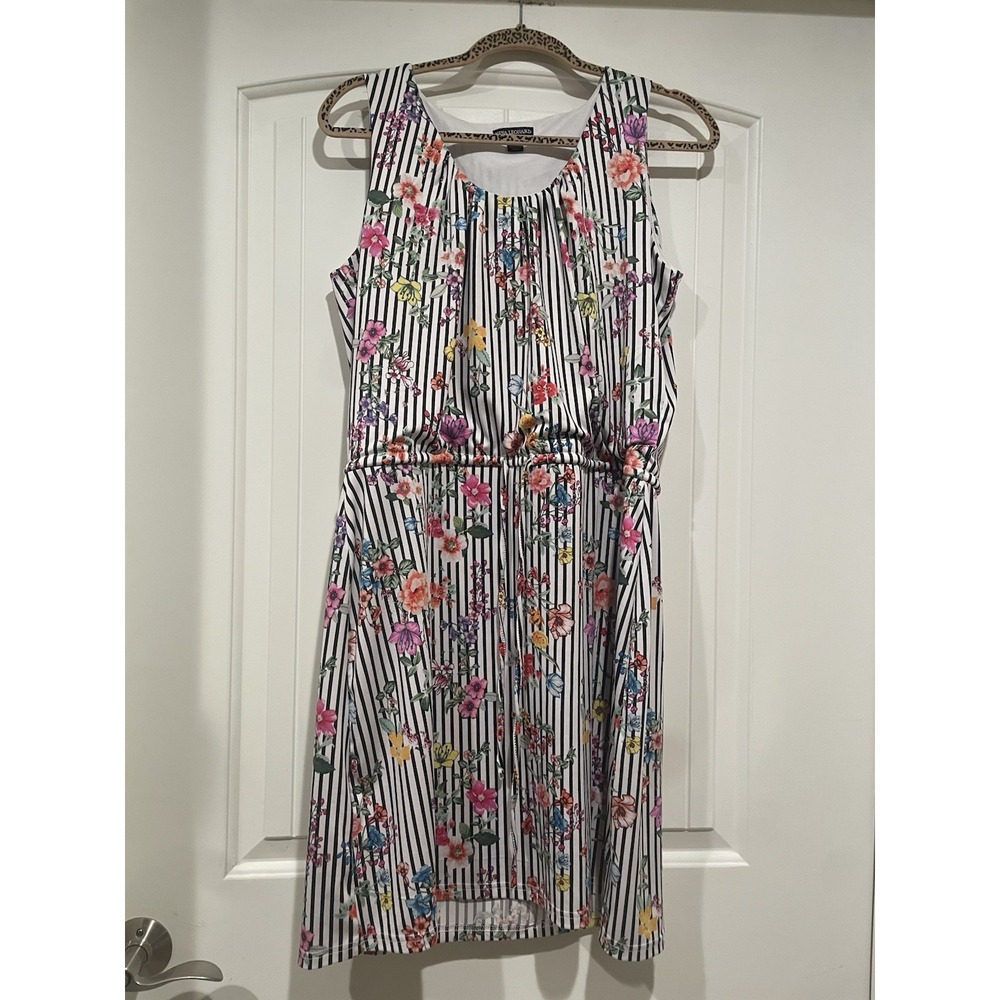 Nina Leonard Stripe Pink Floral Drawstring Waist Sleeveless Dress Womens‎ Size L